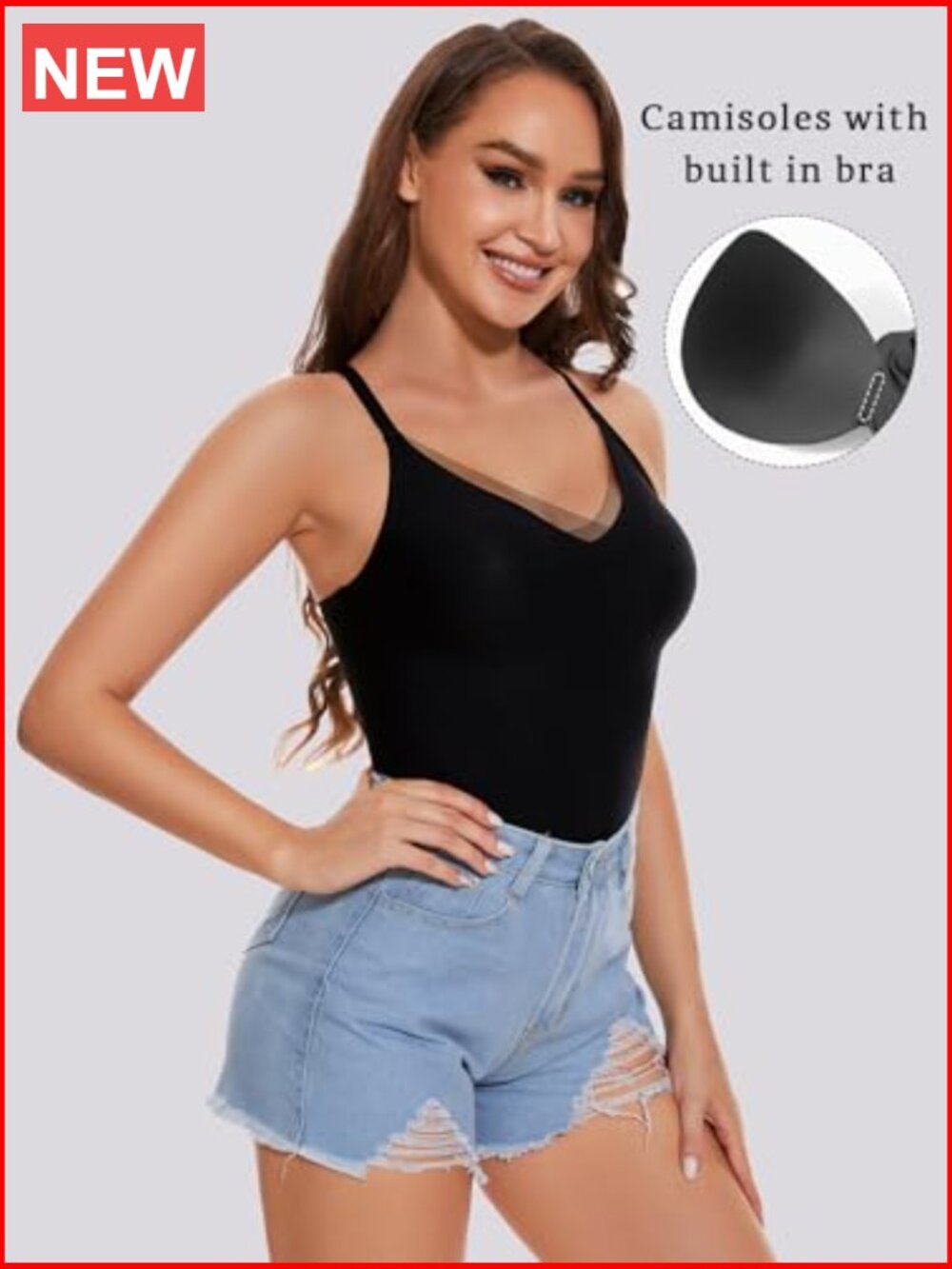 Seamless Camisole with Built-in Bra V-Neck Tank Top Women Summer Spaghetti - Picture 3 of 7